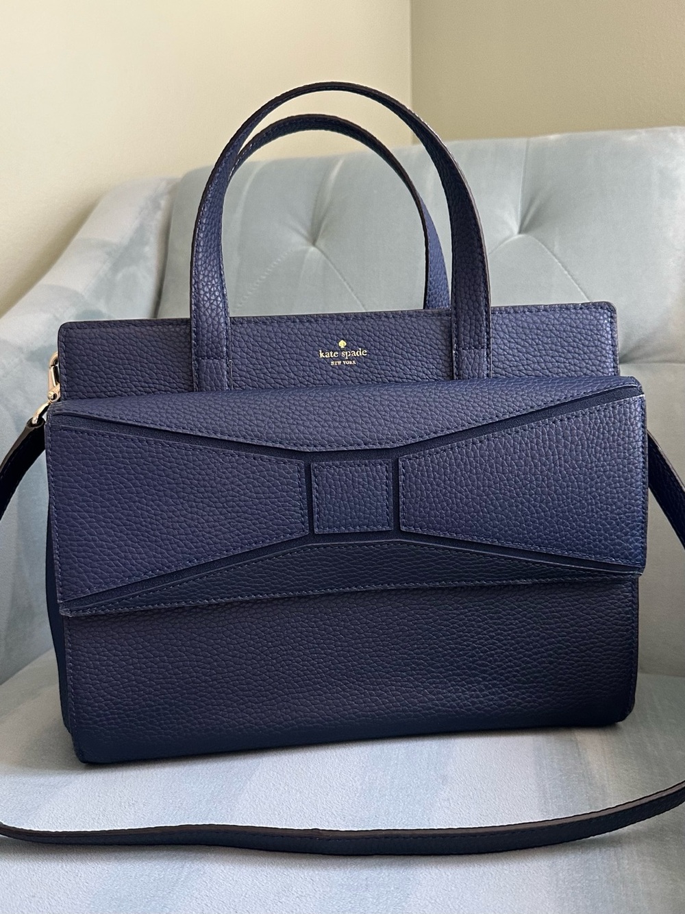 kate spade navy pebbled leather bow satchel